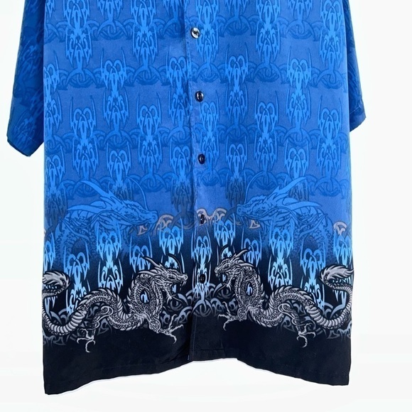 Vintage Korean Oriental Styled 2 Tone Dragon Flames Button Up Short Sleeve Top - Picture 4 of 11